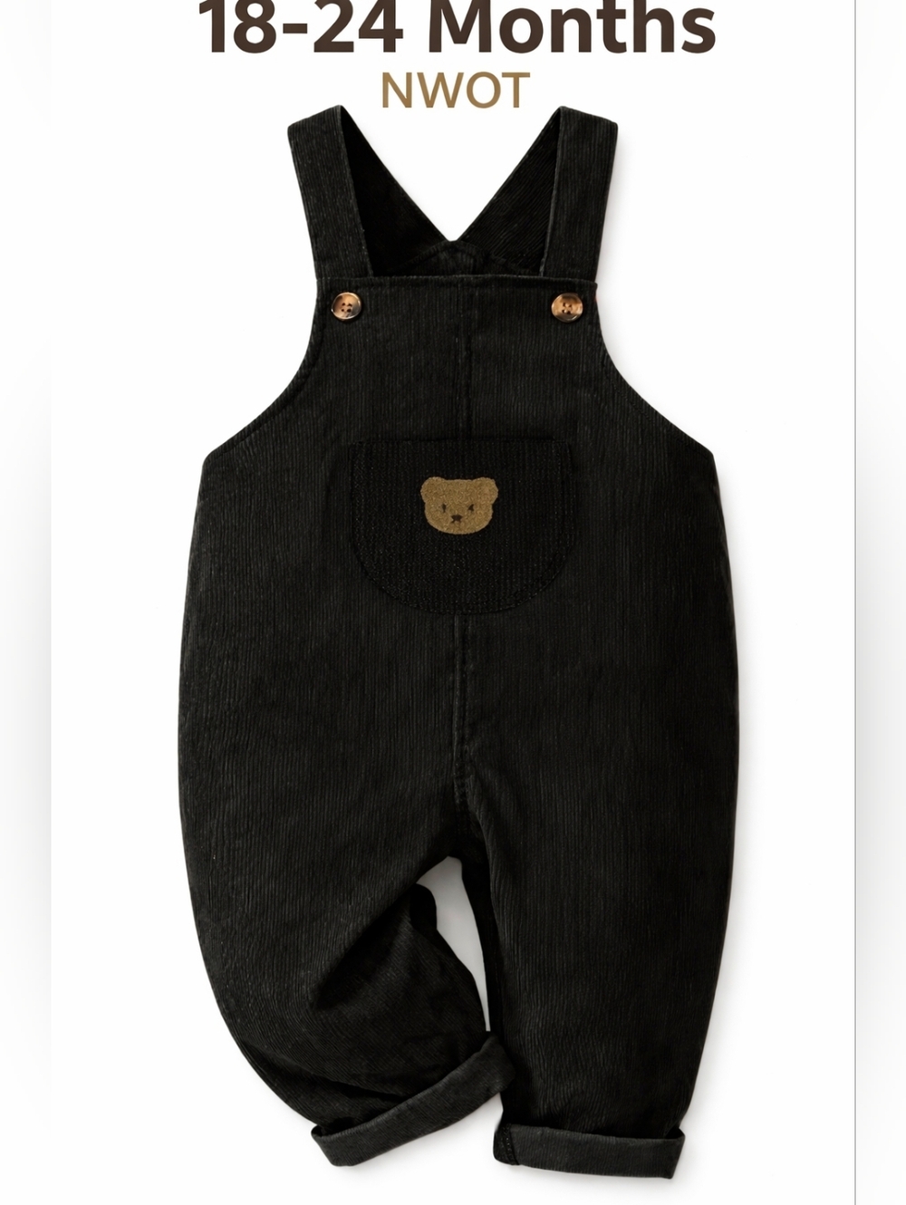 Black Corduroy Kids Overalls with Bear Patch
